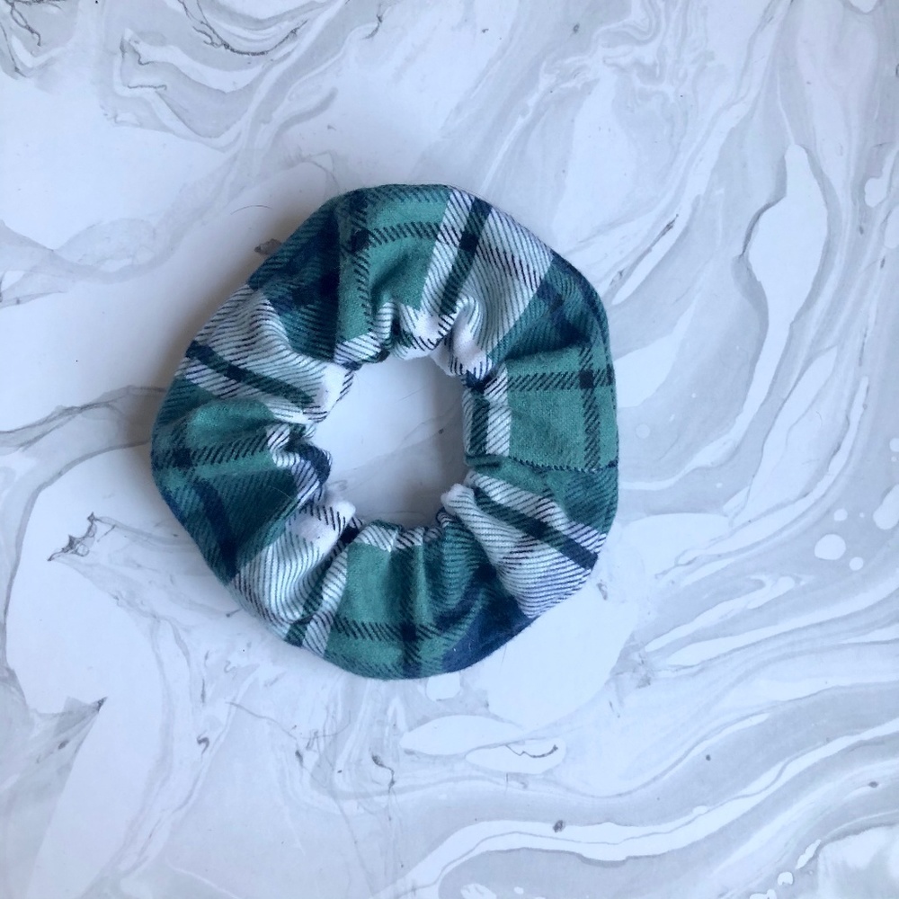 Handmade Blue and Green Flannel Plaid Scrunchy